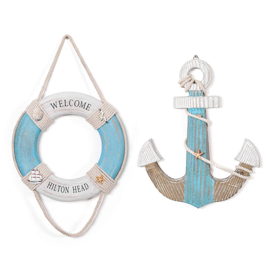 Asense Set of 2-11.8" Nautical Themed Wooden Life Ring Wall Art & 15.1" Wood Anchor Wall Hanging Sculpture Decor - Blue