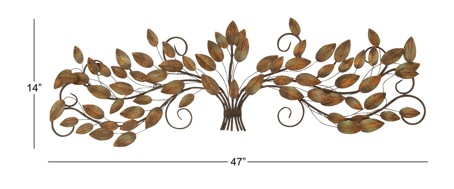 Deco 79 Metal Leaf Home Wall Decor Long Scrolled Wall Sculpture with Weathered Patina Accents, Wall Art 47" x 1" x 14", Brown