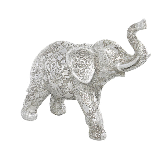 Deco 79 Polystone Elephant Decorative Sculpture Engraved Floral Home Decor Statue, Accent Figurine 4" x 10" x 9", Silver