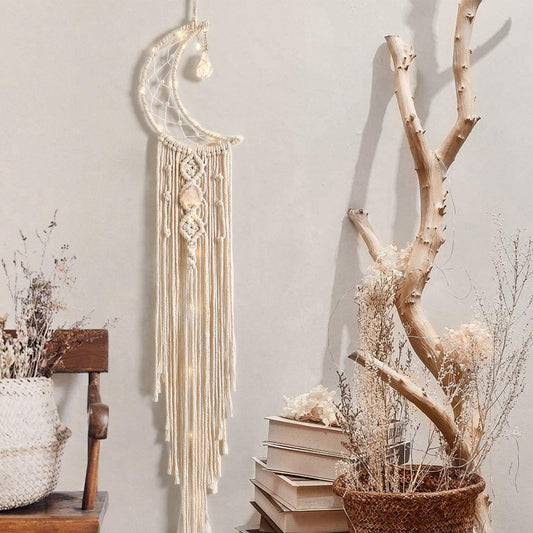 Dremisland Macrame Woven Wall Hanging Moon Dream Catcher with Natural Crystal Stone- Boho Chic Bohemian Home Decor Wall Art Decor with String Lights - Beautiful Apartment Dorm Room Door Decoration