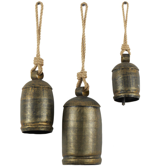 Deco 79 Metal Decorative Cow Bells Tibetan Inspired with Jute Hanging Rope, Set of 3 10",8",6"H, Bronze