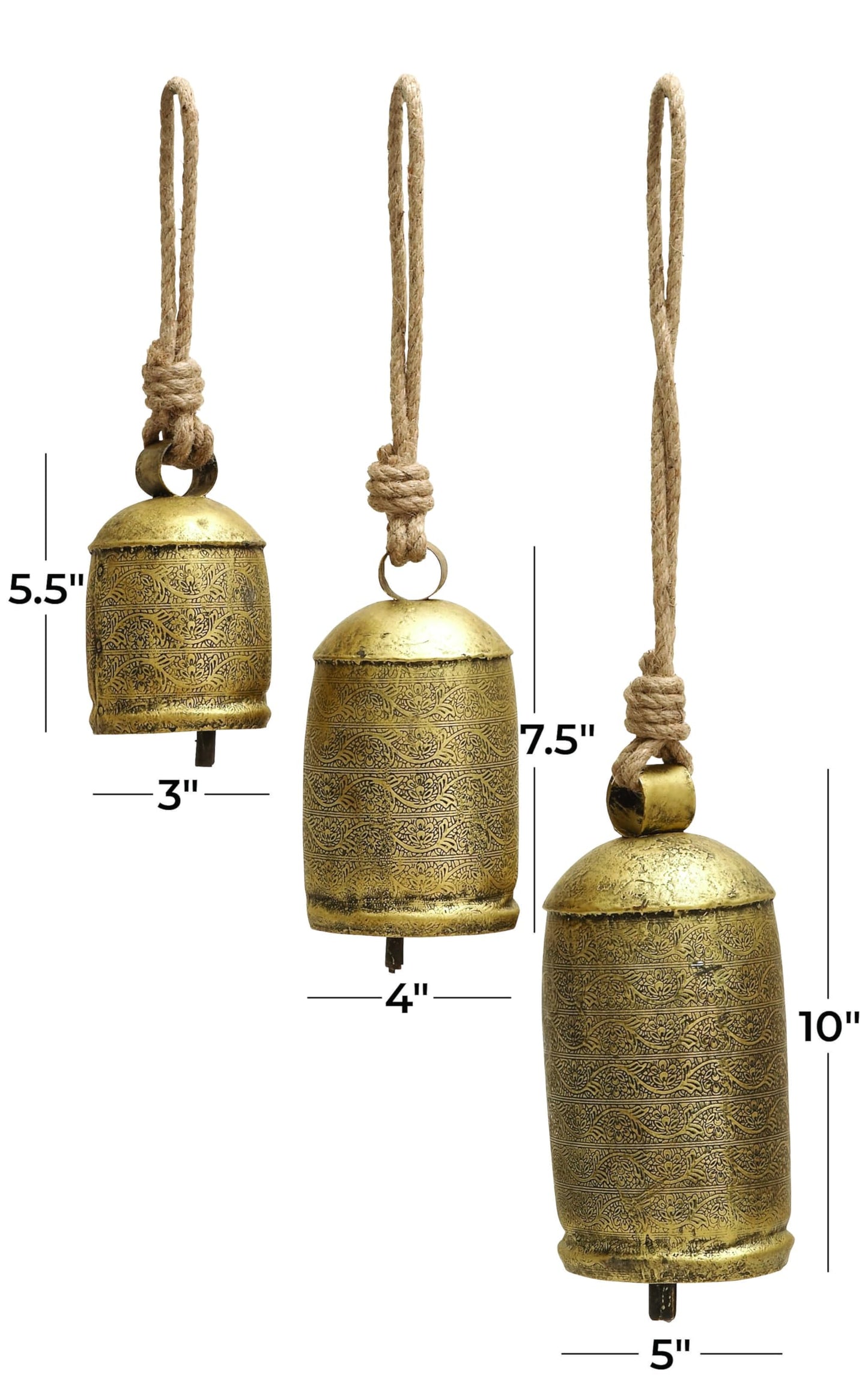 Deco 79 Metal Decorative Cow Bells Tibetan Inspired with Jute Hanging Rope, Set of 3 10",8",6"H, Bronze