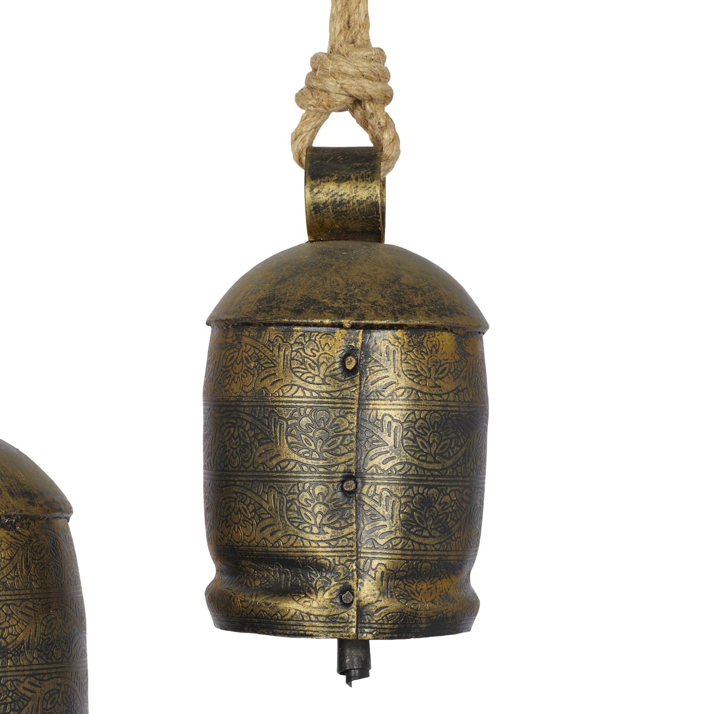 Deco 79 Metal Decorative Cow Bells Tibetan Inspired with Jute Hanging Rope, Set of 3 10",8",6"H, Bronze