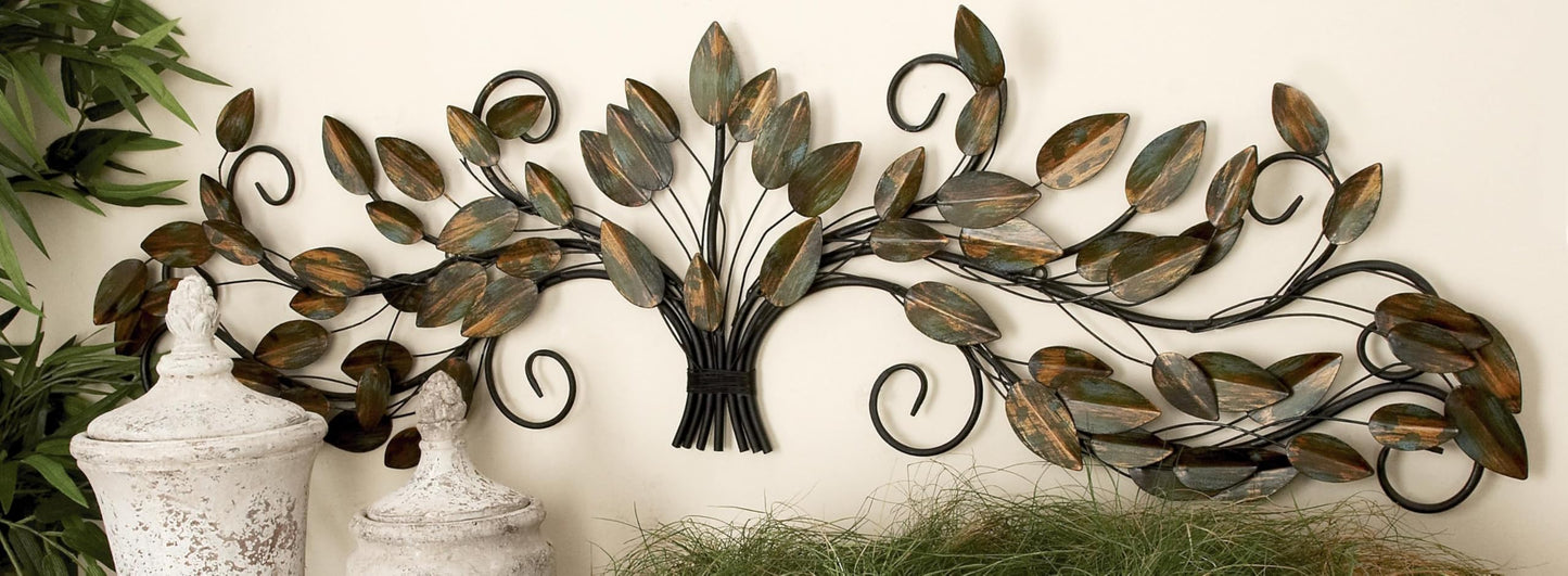 Deco 79 Metal Leaf Home Wall Decor Long Scrolled Wall Sculpture with Weathered Patina Accents, Wall Art 47" x 1" x 14", Brown